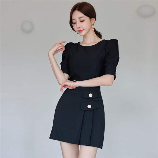 CM-SF052003 Women Casual Seoul Style Chain Round Neck Slim Blouse With Mini Skirt - Set