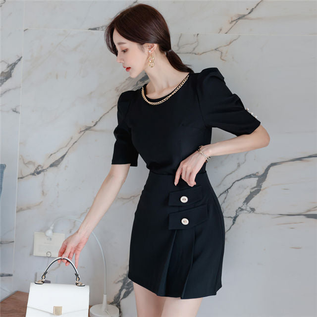 CM-SF052003 Women Casual Seoul Style Chain Round Neck Slim Blouse With Mini Skirt - Set