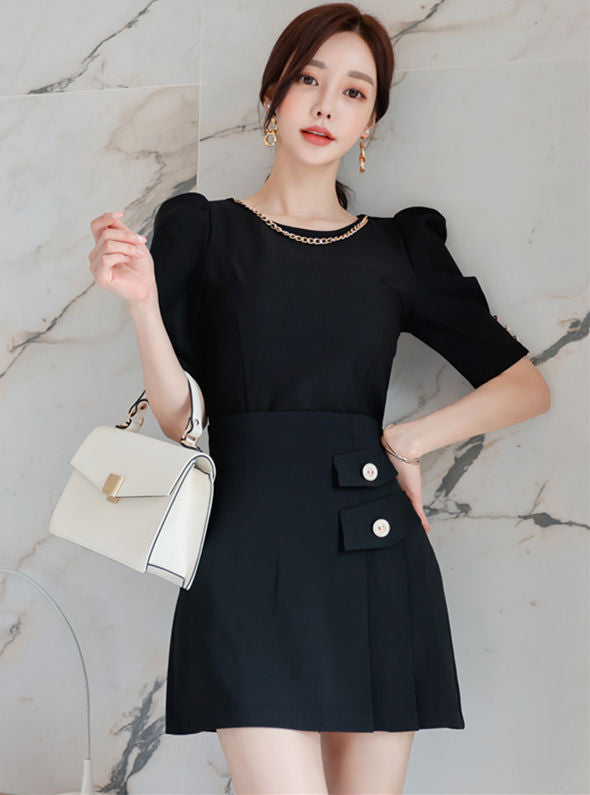 CM-SF052003 Women Casual Seoul Style Chain Round Neck Slim Blouse With Mini Skirt - Set