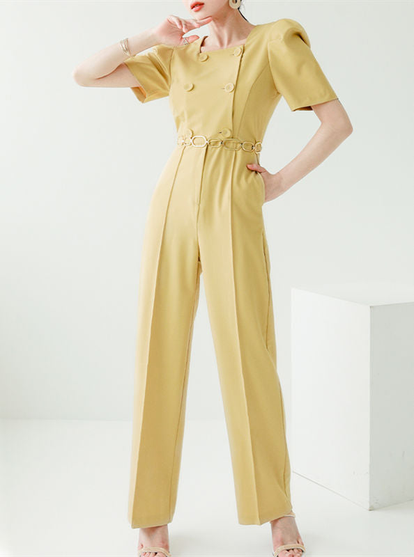 CM-JF052208 Women Casual Seoul Style Double-Breasted High Waist Straight Long Jumpsuit