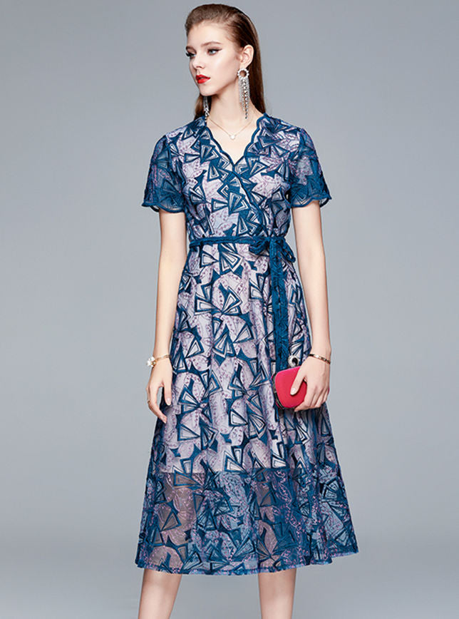 CM-DF052406 Women Elegant European Style V-Neck Tie Waist Embroidery Long Dress - Blue