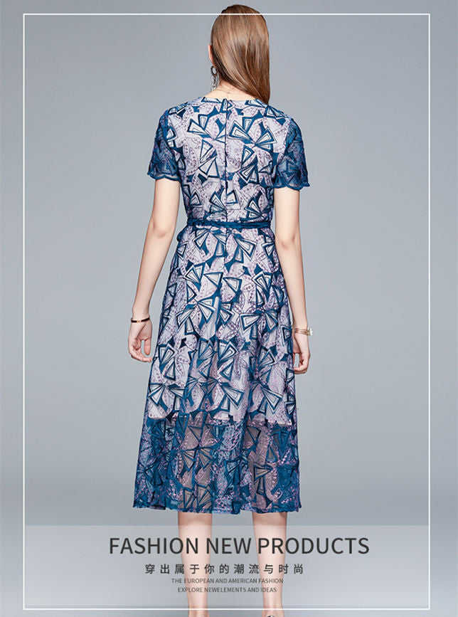 CM-DF052406 Women Elegant European Style V-Neck Tie Waist Embroidery Long Dress - Blue