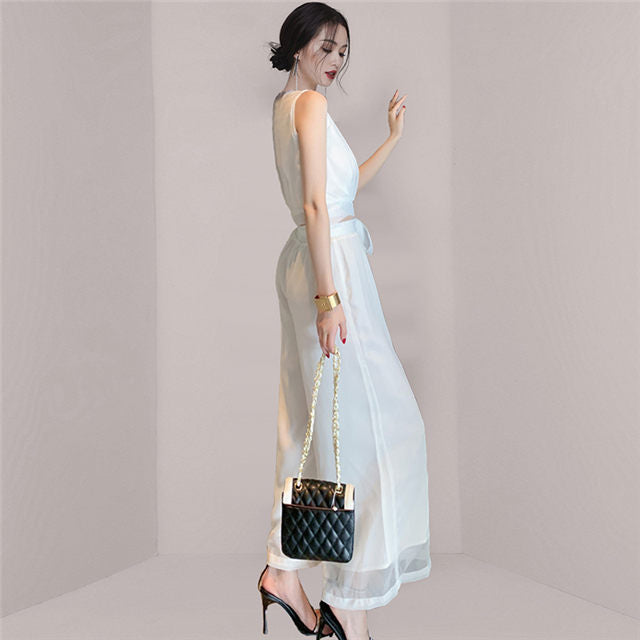 CM-SF052905 Women Elegant European Style V-Neck Elastic Waist Wide-Leg Long Suits - Set