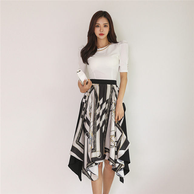 CM-SF052914 Women Casual Seoul Style Chain Collar Puff Sleeve Printings Dress Set