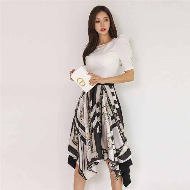 CM-SF052914 Women Casual Seoul Style Chain Collar Puff Sleeve Printings Dress Set