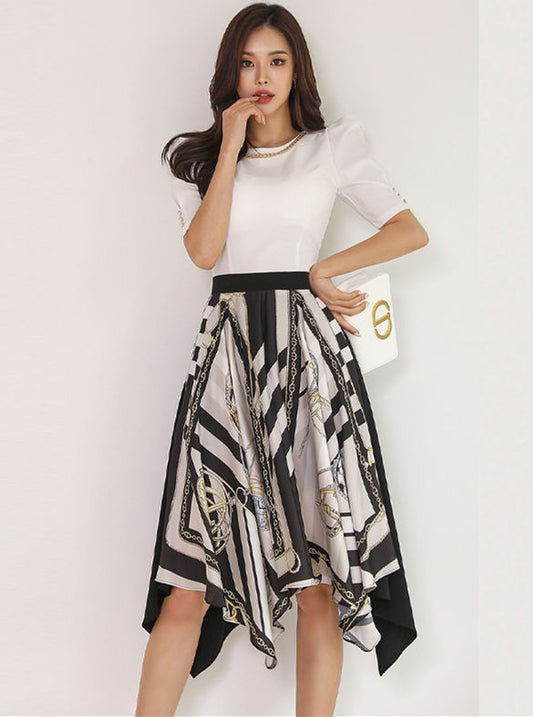 CM-SF052914 Women Casual Seoul Style Chain Collar Puff Sleeve Printings Dress Set