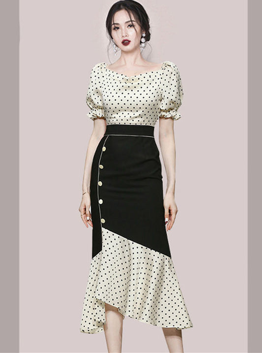 CM-SF052919 Women Retro Seoul Style High Waist Dots Fishtail Puff Sleeve Dress Set