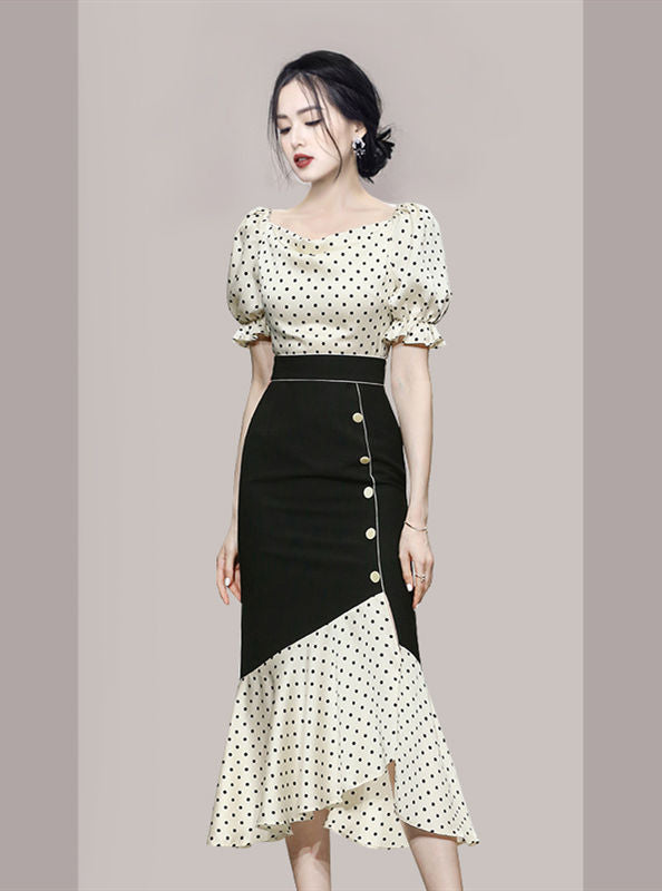 CM-SF052919 Women Retro Seoul Style High Waist Dots Fishtail Puff Sleeve Dress Set