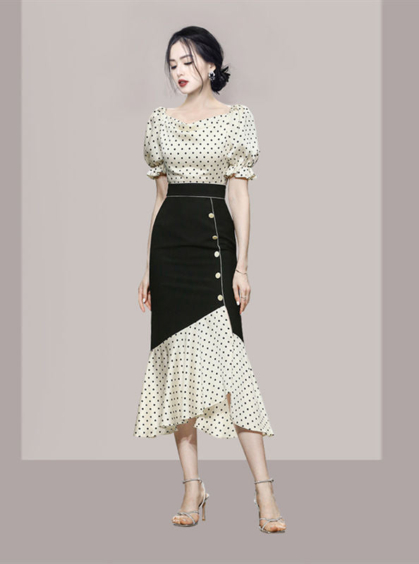 CM-SF052919 Women Retro Seoul Style High Waist Dots Fishtail Puff Sleeve Dress Set