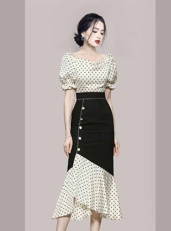 CM-SF052919 Women Retro Seoul Style High Waist Dots Fishtail Puff Sleeve Dress Set