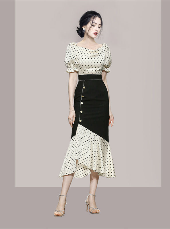 CM-SF052919 Women Retro Seoul Style High Waist Dots Fishtail Puff Sleeve Dress Set