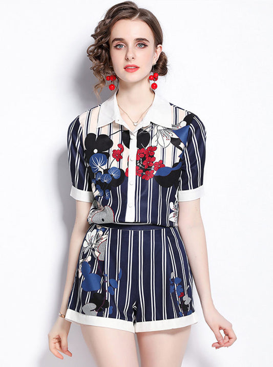 CM-SF053007 Women Casual European Style Shirt Collar Stripes Floral Short Suits - Set