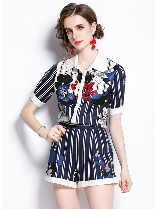 CM-SF053007 Women Casual European Style Shirt Collar Stripes Floral Short Suits - Set