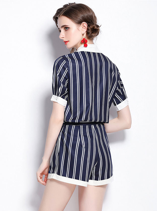 CM-SF053007 Women Casual European Style Shirt Collar Stripes Floral Short Suits - Set