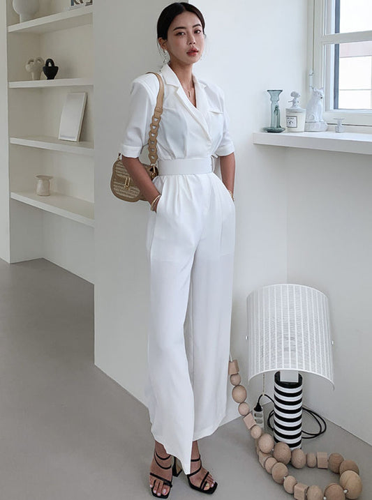 CM-JF060107 Women Elegant Seoul Style High Waist Tailored Collar Long Jumpsuit - White