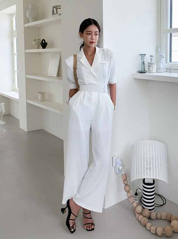 CM-JF060107 Women Elegant Seoul Style High Waist Tailored Collar Long Jumpsuit - White