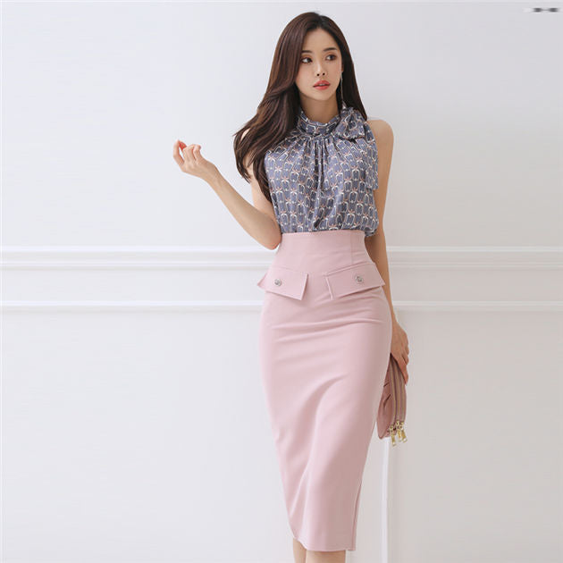 CM-SF060115 Women Casual Seoul Style Tie Collar Flowers Blouse With Midi Skirt - Set