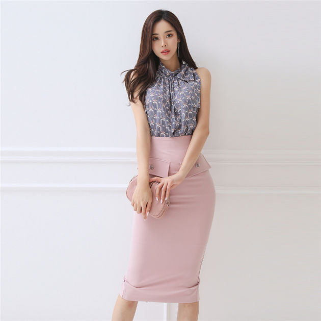 CM-SF060115 Women Casual Seoul Style Tie Collar Flowers Blouse With Midi Skirt - Set