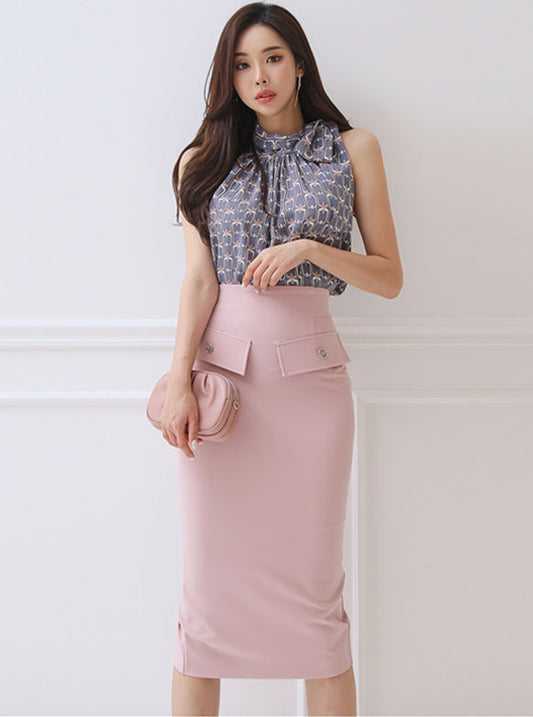 CM-SF060115 Women Casual Seoul Style Tie Collar Flowers Blouse With Midi Skirt - Set