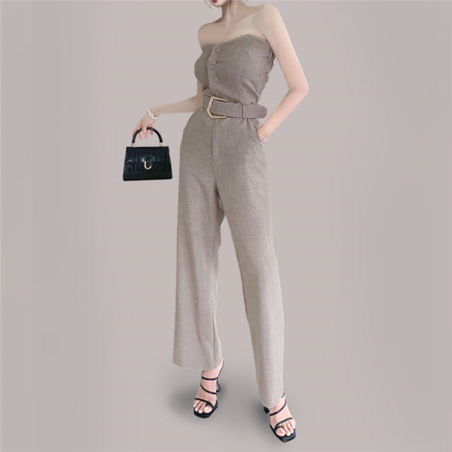 CM-JF060617 Women Casual European Style Belt High Waist Strapless Long Jumpsuit