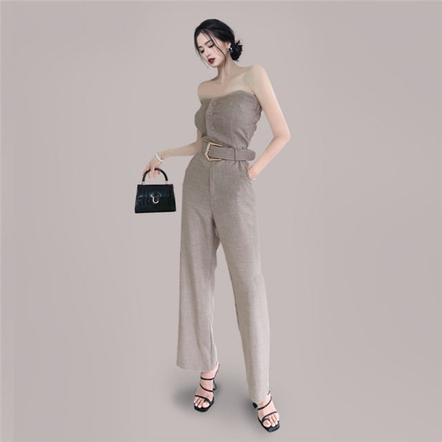 CM-JF060617 Women Casual European Style Belt High Waist Strapless Long Jumpsuit