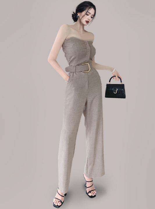 CM-JF060617 Women Casual European Style Belt High Waist Strapless Long Jumpsuit