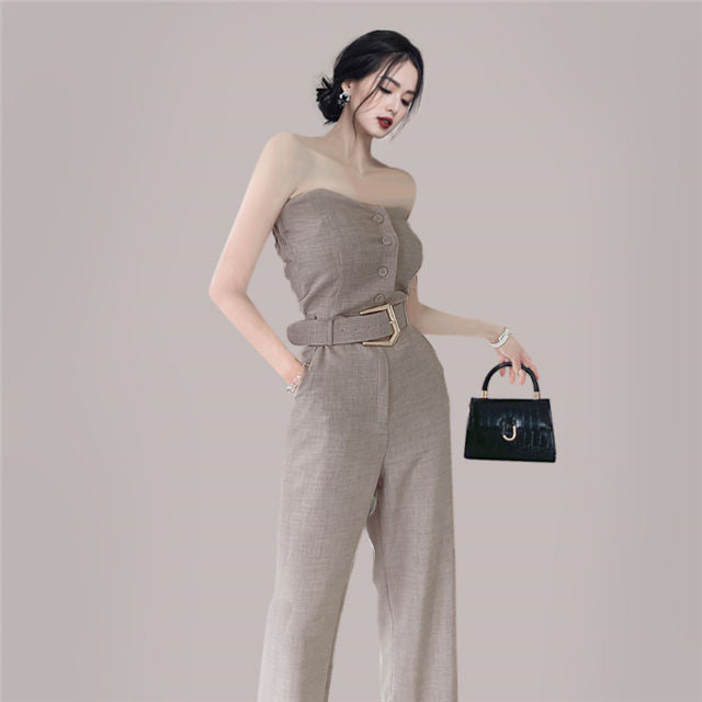 CM-JF060617 Women Casual European Style Belt High Waist Strapless Long Jumpsuit