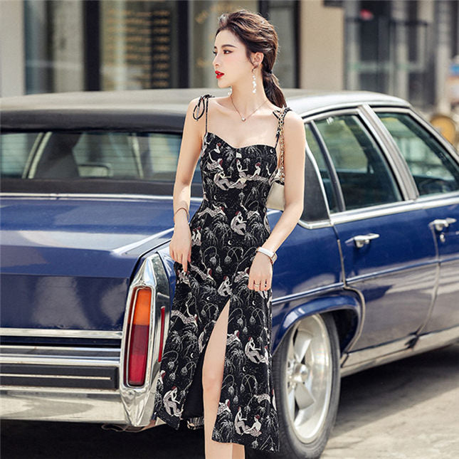 CM-DF060814 Women Retro Seoul Style Sleeveless Printings Straps Split Dress - Black