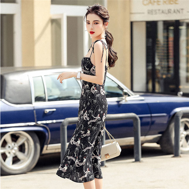 CM-DF060814 Women Retro Seoul Style Sleeveless Printings Straps Split Dress - Black