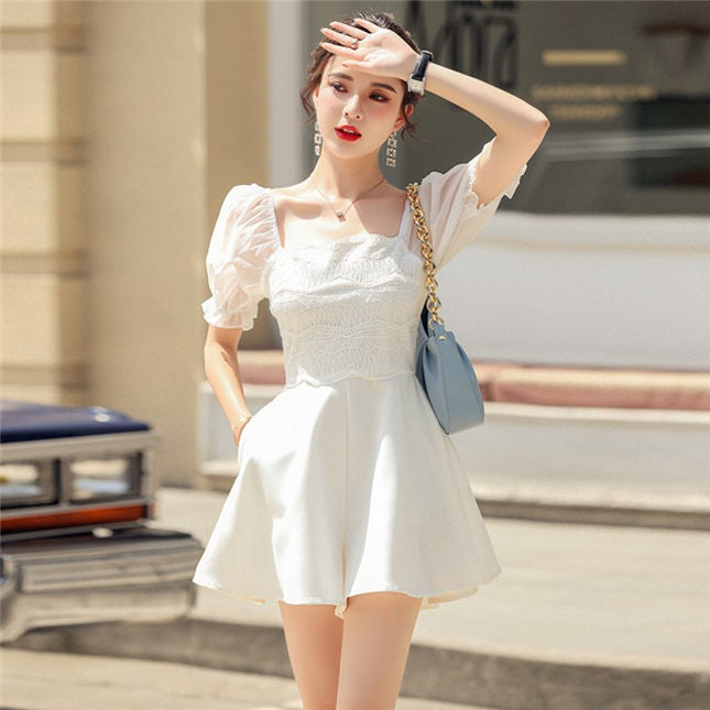 CM-JF060820 Women Preppy Seoul Style Lace Square Collar Puff Sleeve Short Jumpsuit