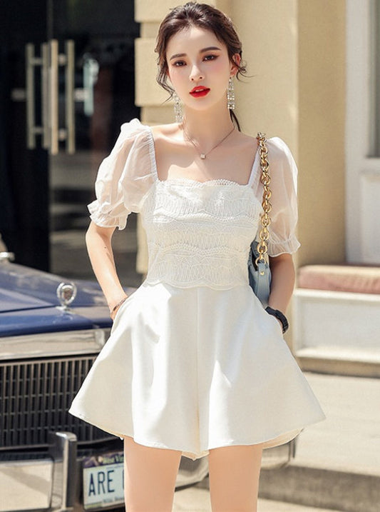 CM-JF060820 Women Preppy Seoul Style Lace Square Collar Puff Sleeve Short Jumpsuit