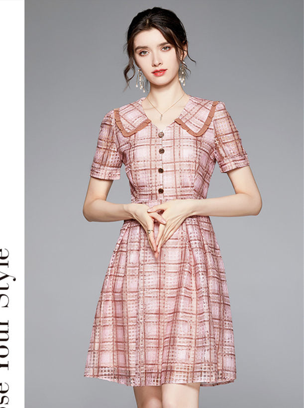 CM-DF061112 Women Classic European Style Doll Collar Plaids Short Sleeve Dress - Pink