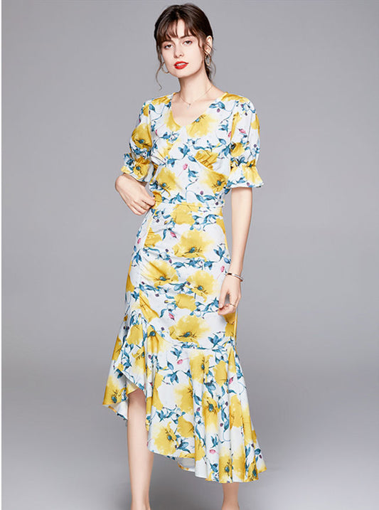 CM-SF061314 Women Elegant European Style V-Neck High Waist Fishtail Floral Dress Set