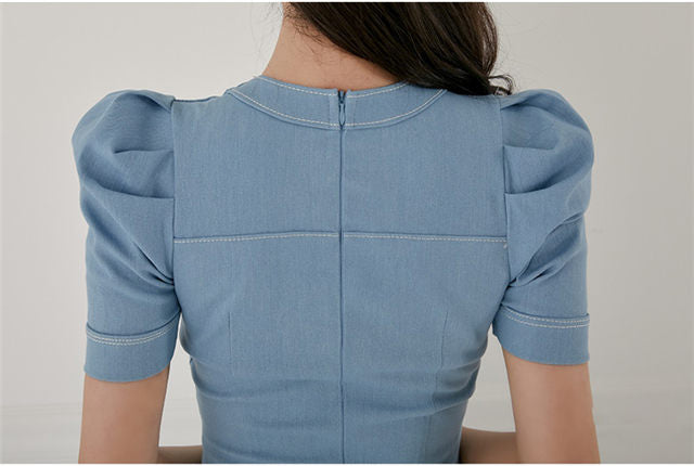 CM-DF061413 Women Elegant Seoul Style Single-Breasted V-Neck Puff Sleeve Slim Dress - Blue