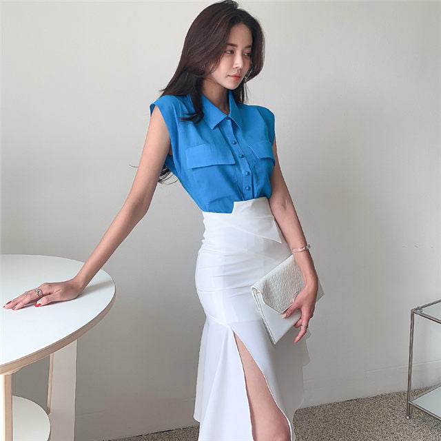 CM-SF061412 Women Casual Seoul Style Sleeveless Shirt Collar Split Slim Dress Set