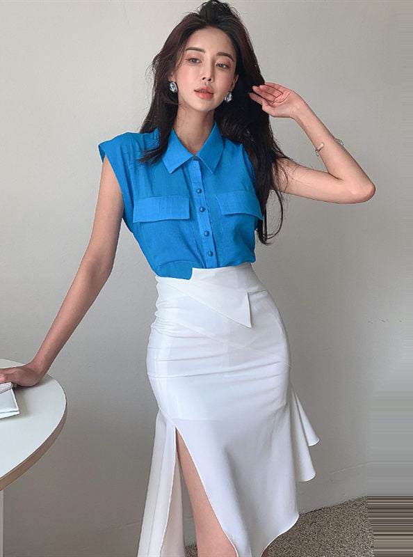 CM-SF061412 Women Casual Seoul Style Sleeveless Shirt Collar Split Slim Dress Set