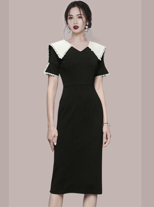 CM-DS061406 Women Retro Seoul Style Doll Collar Short Sleeve Bodycon Dress - Black