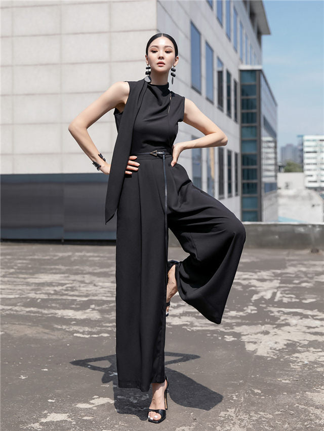 CM-JF061405 Women Elegant Seoul Style High Waist Wide-Leg Tank Long Jumpsuit - Black