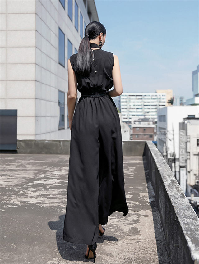 CM-JF061405 Women Elegant Seoul Style High Waist Wide-Leg Tank Long Jumpsuit - Black
