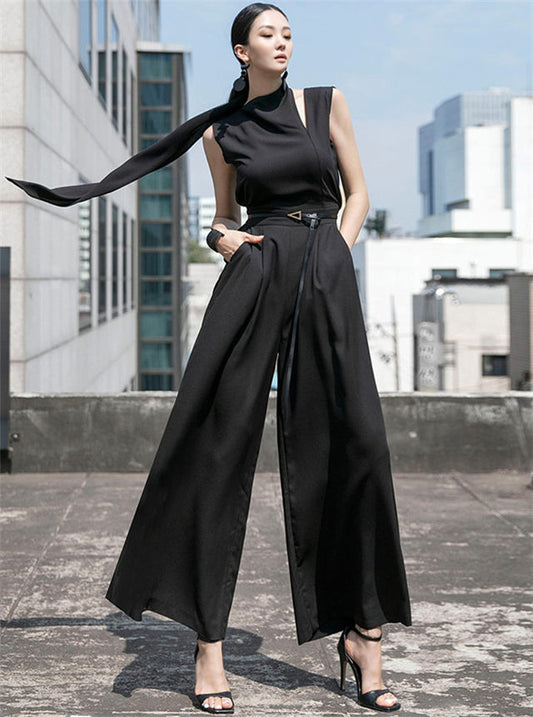 CM-JF061405 Women Elegant Seoul Style High Waist Wide-Leg Tank Long Jumpsuit - Black