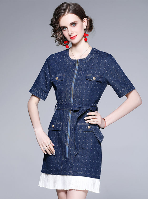 CM-DF061902 Women Casual European Style Zipper Open Tie Waist Fishtail Denim Dress - Navy Blue