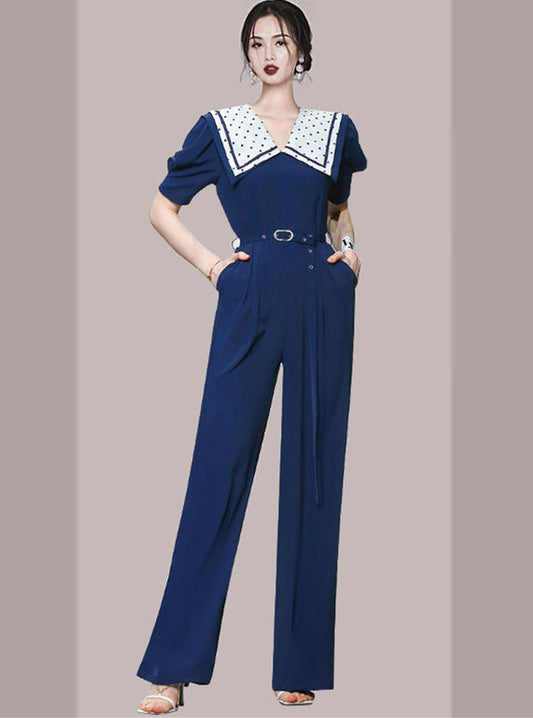 CM-JF062017 Women Elegant European Style High Waist Dots Wraps Collar Long Jumpsuit