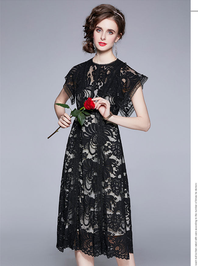 CM-DF070126 Women Retro European Style High Waist Lace Floral Tank A-Line Dress