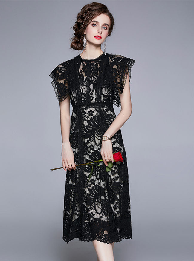 CM-DF070126 Women Retro European Style High Waist Lace Floral Tank A-Line Dress