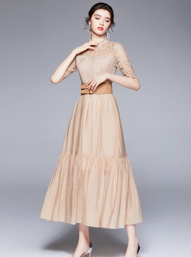 CM-DF070421 Women Elegant European Style Belt High Waist Lace Splicing Maxi Dress - Apricot