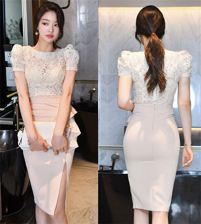 CM-SF070721 Women Elegant Seoul Style Round Neck Lace Blouse With Flouncing Midi Skirt - Set