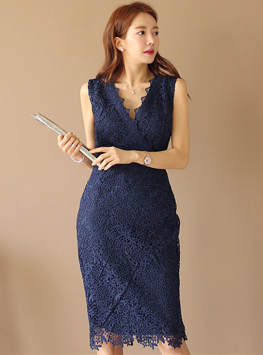 CM-DF070726 Women Casual Seoul Style V-Neck Lace Floral Slim Tank Dress - Blue