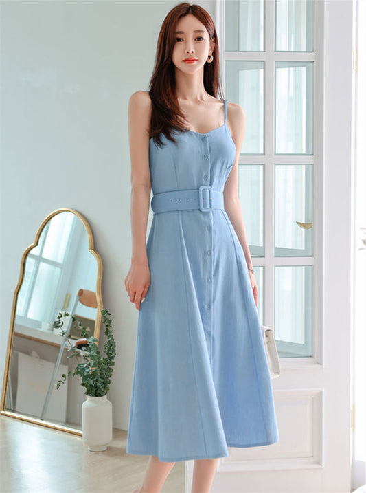 CM-DF070905 Women Casual Seoul Style Single-Breasted Belt Waist Straps A-Line Dress