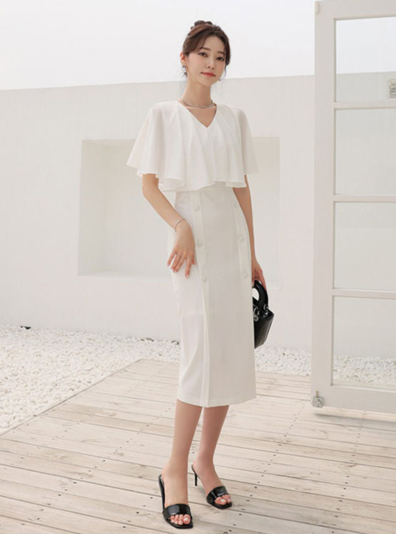 CM-DF070910 Women Elegant Seoul Style Flouncing V-Neck Double-Breasted Slim Dress - White