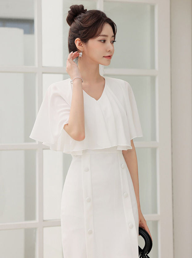 CM-DF070910 Women Elegant Seoul Style Flouncing V-Neck Double-Breasted Slim Dress - White